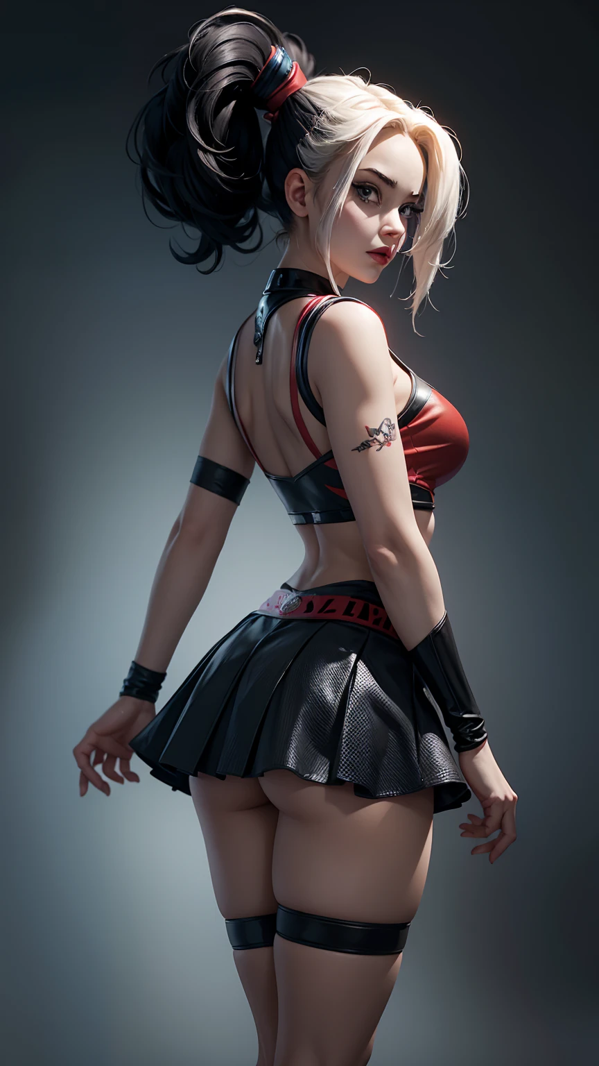 Harley Quinn Back view, highly detailed, deep focused image, realistic full-lenght photo,  mini skirt,  