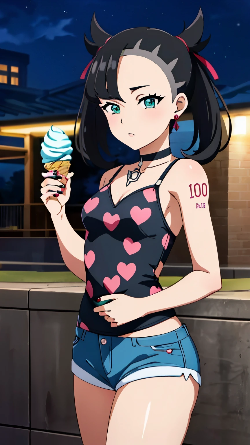 Marnie Pokemon, Marnie \(Pokemon\), blue-green eyes, green eyes, black hair, medium hair, asymmetrical bangs, black choker, red hair ribbon, earrings, black nail polish, medium breasted, (masterpiece, highest quality, highly detailed, 8k:1.2),Perfect eyes, detailed eyes, 
Ecchi anime style, anime girl, Ecchi style, digital anime art, anime style, official artwork, visual novel CG, beautiful anime girl, anime style 4K, nffsw, (Ice cream print, Neon garland, Underwear, Lace, Cat print, Tattoos, Ultra short fit stamper flounces, Mesh tights, Short denim shorts, city, night), (cowboy shot:1.2),