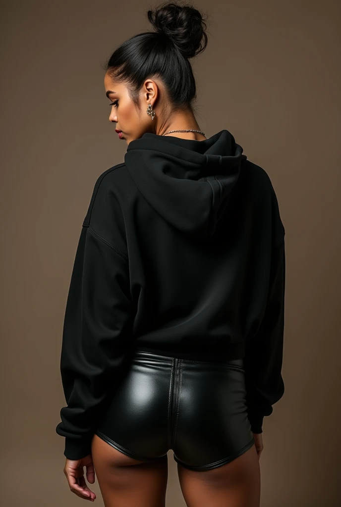 black woman hair in a bun black hoodie black leather short shorts being fucked in the ass by a old grandma in a dress