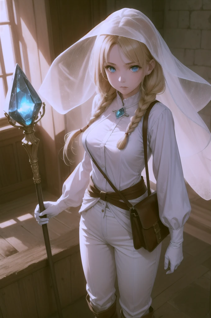 Blonde mage anime girl, with long hair and a braid on one side. She has blue eyes and is wearing a blue mage's veil in the head. She is dressed in a long-sleeve white shirt, brown pants, and tall brown boots. She holds a mage's staff with a crystal at the tip, wears brown gloves, and has a crossbody bag slung across her chest at her waist. She has a serious expression. Ensure that the image is well-detailed with accurate proportions, clear facial features, and balanced body posture to avoid any deformities." 8k, high quality, full body, (ultra-realistic), {extremely detailed 8k CG unit wallpaper}, expansive landscape photograph, , (light: 2.0), (warm light source: 1.5), complex details,, (atmospheric lighting), surreal, impressive, fantasy, (Solo: 1.2)