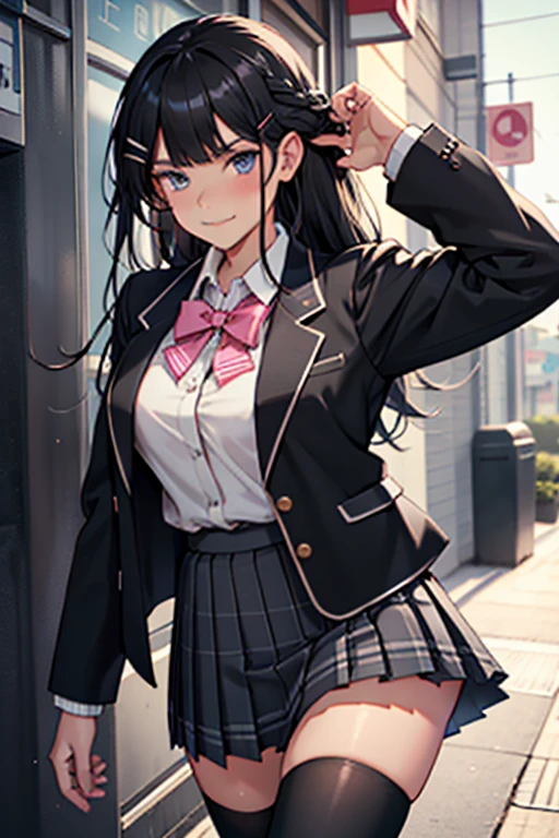 1mature male,Stubble,very short mustache,Fat man,BREAK,Womens clothes,high school girl costume,long hair,black hair, long hair, black hair, blazer, black jacket, hairclip, hair ornament, white thighhighs, bangs, braid, pleated skirt, pink bow, school uniform, long sleeves, collared shirt, white shirt, blue eyes, plaid skirt, black skirt