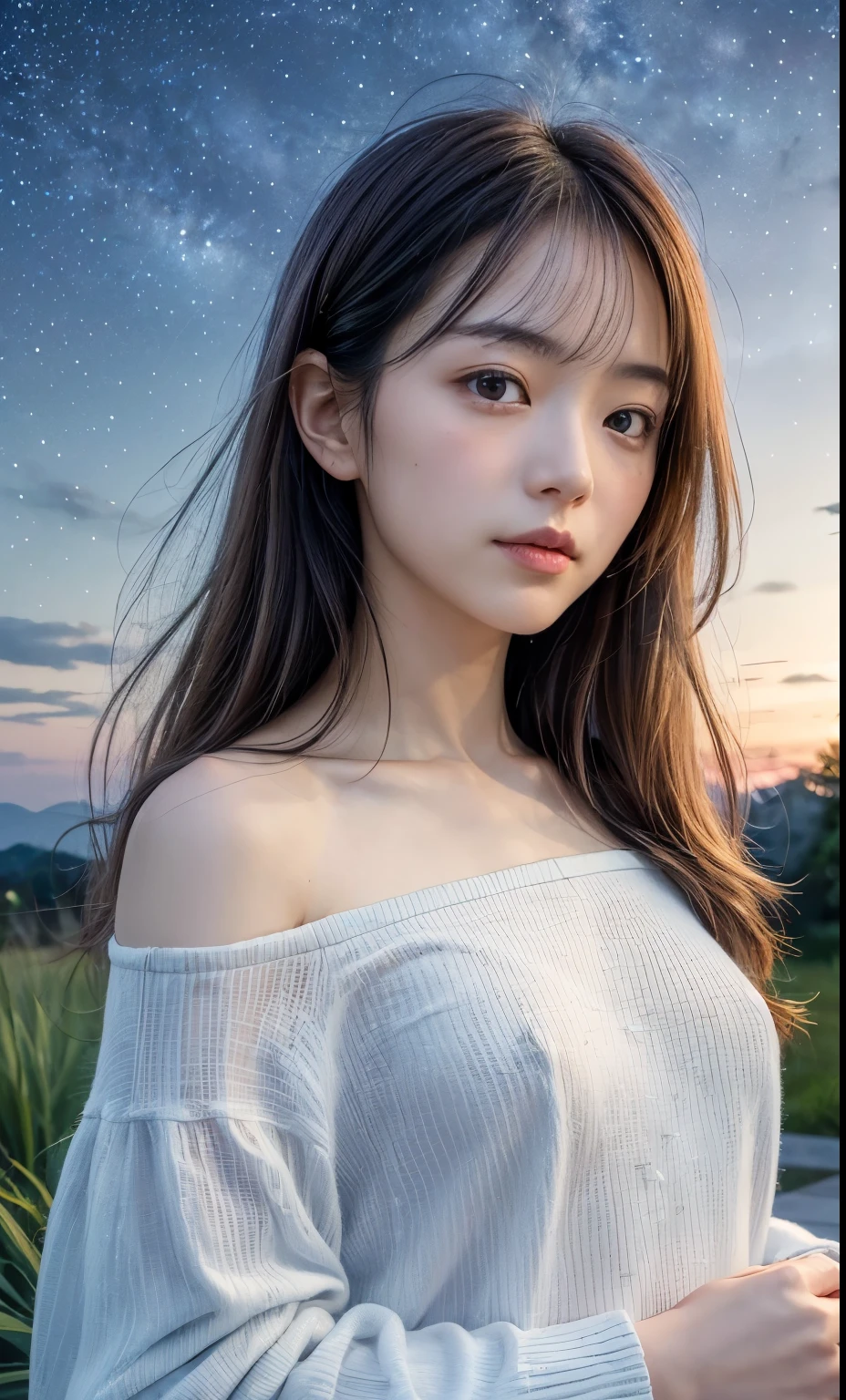 Focus on starry sky of summer. A Japanese woman gazing up at a night sky filled with twinkling stars. She is wearing a seer white off shoulder shirt and her face, slightly blurred by the darkness, shows a subtle smile. The scene is serene and enchanting, with a focus on the starry sky and the gentle glow of the blouse contrasting against the dark background. The image should be realistic with a calm, tranquil atmosphere, and the stars should be clearly visible and bright against the dark night sky. (Raw photo:1.2), (Photorealsitic), Beautiful detailed, (Real: 1.4), extremely detailed eye and face, beatiful detailed eyes, super wide lens shot from below