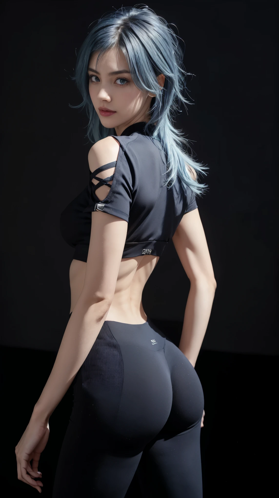 8K, Top Quality, Intricate Details, Ultra Detail, Ultra High Resolution, Masterpiece, close up shot, shot from behind, (Looking back), standing, Slender, Smile, blue  hair, (Makeup: 0.4), (Fluffy red Eyes: 1.21), red eyes, 1girl, solo, 1 girl, (( full body)), close up shot, ((Blue hair, bangs, long hair)) , ((tall)), (((fit body))), (((slim face))), sharp face,  )),  (detailed face), sharp face,  small lips, ass up , ,
 ((sport bra, short legging )),  detailed face, detailed breast, , large breast, huge breast, detail ass, Narrow Waist, Skinny, , Muscular, , Pointed Chest, detail ass,large ass , Beautiful girl , Bust Botox, Big, Perfect Body, detail leg, (( dark background)), black background,