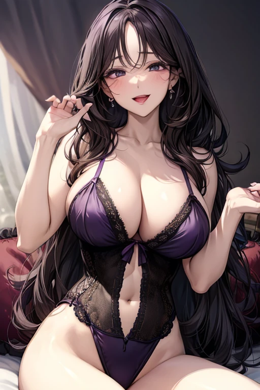 ((red lingerie)), masterpiece, best quality, in detail,cute (huge breasts),whole body, (split), breast milk, group, black hair, purple eyes, , missionary_position, sexy, bed, large breast, laugh,