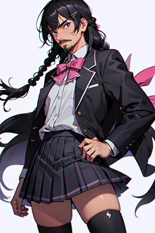 1mature male,Stubble,very short mustache,Fat man,high school girl costume,long hair,black hair, long hair, black hair, blazer, black jacket, hairclip, hair ornament, white thighhighs, bangs, braid, pleated skirt, pink bow, school uniform, long sleeves, collared shirt, white shirt, blue eyes, plaid skirt, black skirt