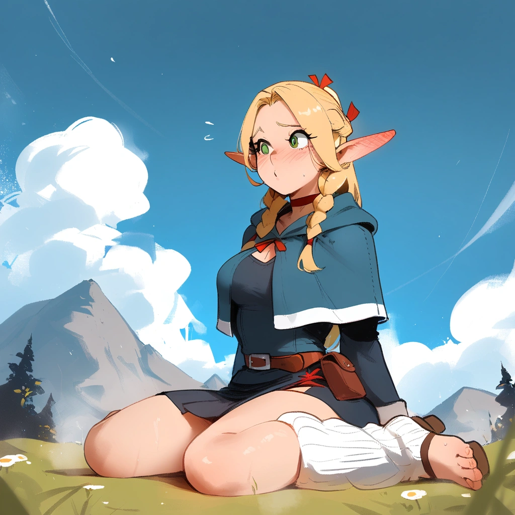 1girl,elf,blonde hair,long hair,braid,twin braids, pointy ears, green eyes, \\\\\ masterpiece, best quality, newest, ///// nyantcha, khyle, cutesexyrobutts \\\\\ highres, absurdes. , solo, shy, blush, ear blush, , straight-on, meadow, stone, green eyes, , sitting, mountains, sky, cloud, wariza,rags, skirt, robe, leg warmers
