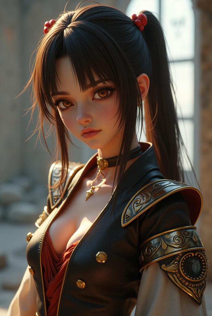 A Cute Girl with white skin, sexy young body, size (small), chubby, short hair (up to the shoulders) red and wavy [with black tones], shades of red [bright], bbwchan, big breasts, black clothes (yor forger costume), round face, realistic lighting, Radiosity, in a medieval city, Close Up.