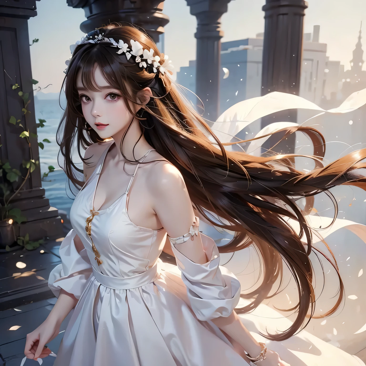 Under the stars, shooting stars, girl standing, back, small river reflecting the starry sky, girl long hair, white dress, hair flying, delicate, night