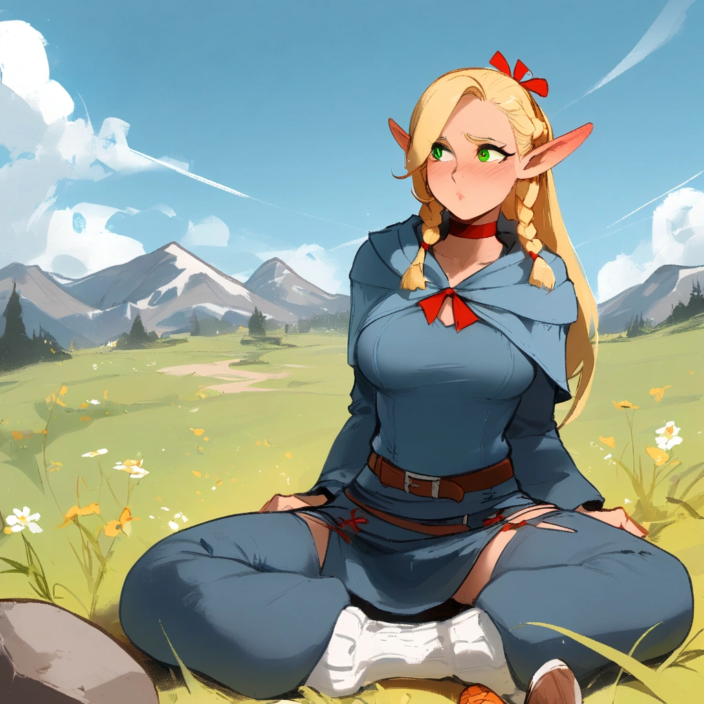 1girl,elf,blonde hair,long hair,braid,twin braids, pointy ears, green eyes, \\\\\ masterpiece, best quality, newest, ///// nyantcha, khyle, cutesexyrobutts \\\\\ highres, absurdes. , solo, shy, blush, ear blush, , straight-on, meadow, stone, green eyes, , sitting, mountains, sky, cloud, wariza,rags, skirt, robe, leg warmers
