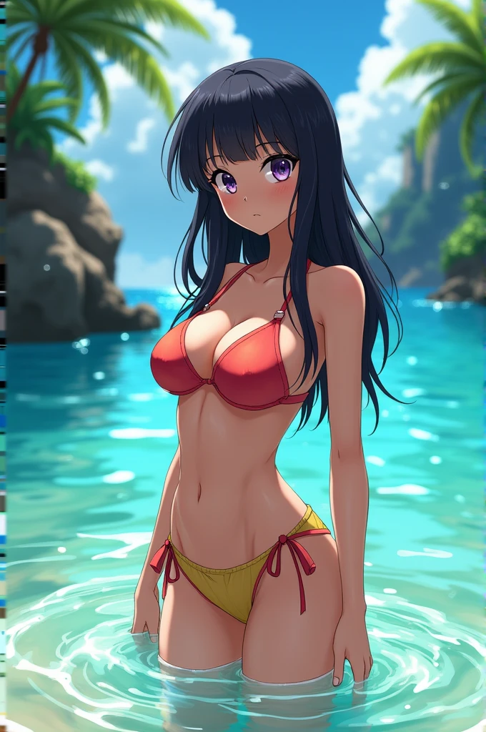 (masterpiece), (highest quality), (ultra detailed), (highly detailed CG), (very delicate), (perfect lighting), (8K), (dynamic angles), (sharp image), vibrant colors, woman, masterpiece, highest quality, depth of field, cinematic lighting, masterpiece, highest quality, ultra detailed, colorful, vivid, big breasts, thighs, mature woman, solo, (masterpiece, highest quality, high resolution, anime screenshot, anime colors, ), (perfect anatomy, beautifully detailed eyes, beautifully detailed body, beautiful breasts, shiny skin), sexy anime woman standing outside, (ultra-thin micro bikini),white_bikini, Kasumigaoka Utaha, 1 girl, long hair, black hair, white headband, red eyes, anime eyes, big breasts, ((sweaty body)), ((wet skin)), very wet skin, embarrassed expression, blushing, outdoors, seaside, sandy beach, Blue sky, Sunlight, Arms behind head, Sweaty armpits, Very wet skin, Both armpits visible, Dynamic pose, Erotic pose, Looking at camera, Looking down, Buttocks turned away, Squatting with legs wide open,
