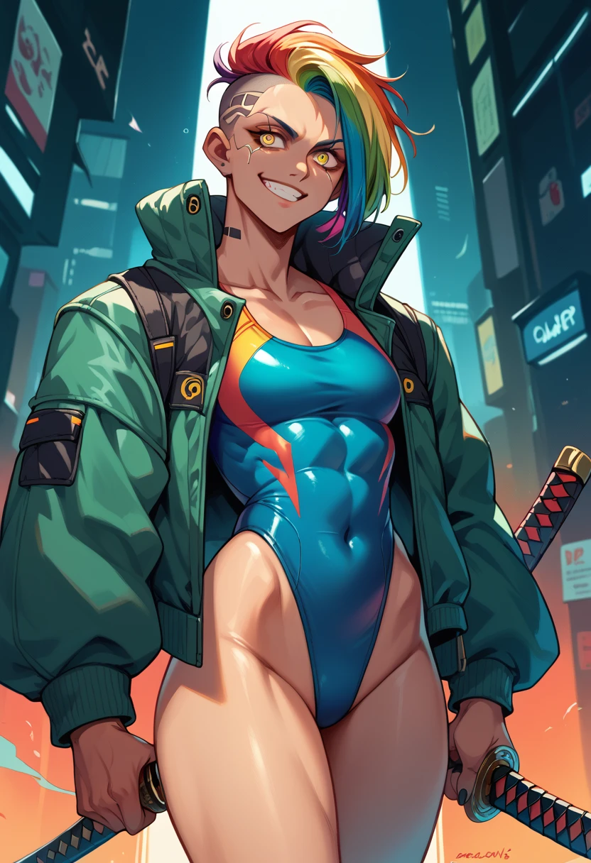 1, in the club, Cyberpunk style, rainbow hair, evil smile, Holding a Katana, High cut swimsuit, yellow pupils,, cybernetic skin, samurai jacket