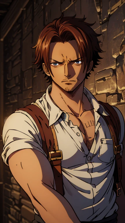 (a man as t3mu1), (extremely detailed CG unit 8k wallpaper),(master part), (best quality), (ultra detail), (best illustration),(one piece style), cowboy shot,(Sharp eyeliner, ombre, detailed eyes:1),Dark Egyptian tomb interiors background,break,upper body,short hair,dark brown hair