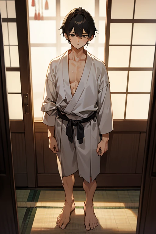 1boy, glowing, sidelighting, wallpaper,masterpiece, best quality, high quality,, male focus, full body, looking at viewer, white hair,spiky hairstyle, short hair, steam smork, japan style, anime coloring, shy, home muji style, detailed face, topless, white towel on waist,white silk, outdoor, sweat