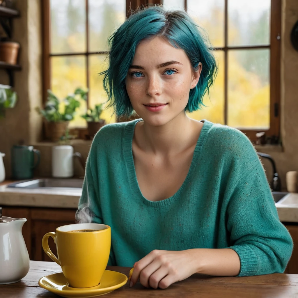 (((Woman, 20 Years Old, Nordic Ethnicity, short blue hair, perfect face, light freckles, Blue-Green Eyes, slight smile))), wearing a cozy oversized (((mustard yellow))), She is focused on making a pour-over coffee in a cozy kitchen. Warm morning light filtering through the window, with a rustic wooden table and coffee accessories spread out. A steaming cup of coffee in the foreground. (((Color palette - turquoise, neon green, yellow shades))), (best quality, 8k, masterpiece, ultra-detailed, photorealistic, soft lighting)