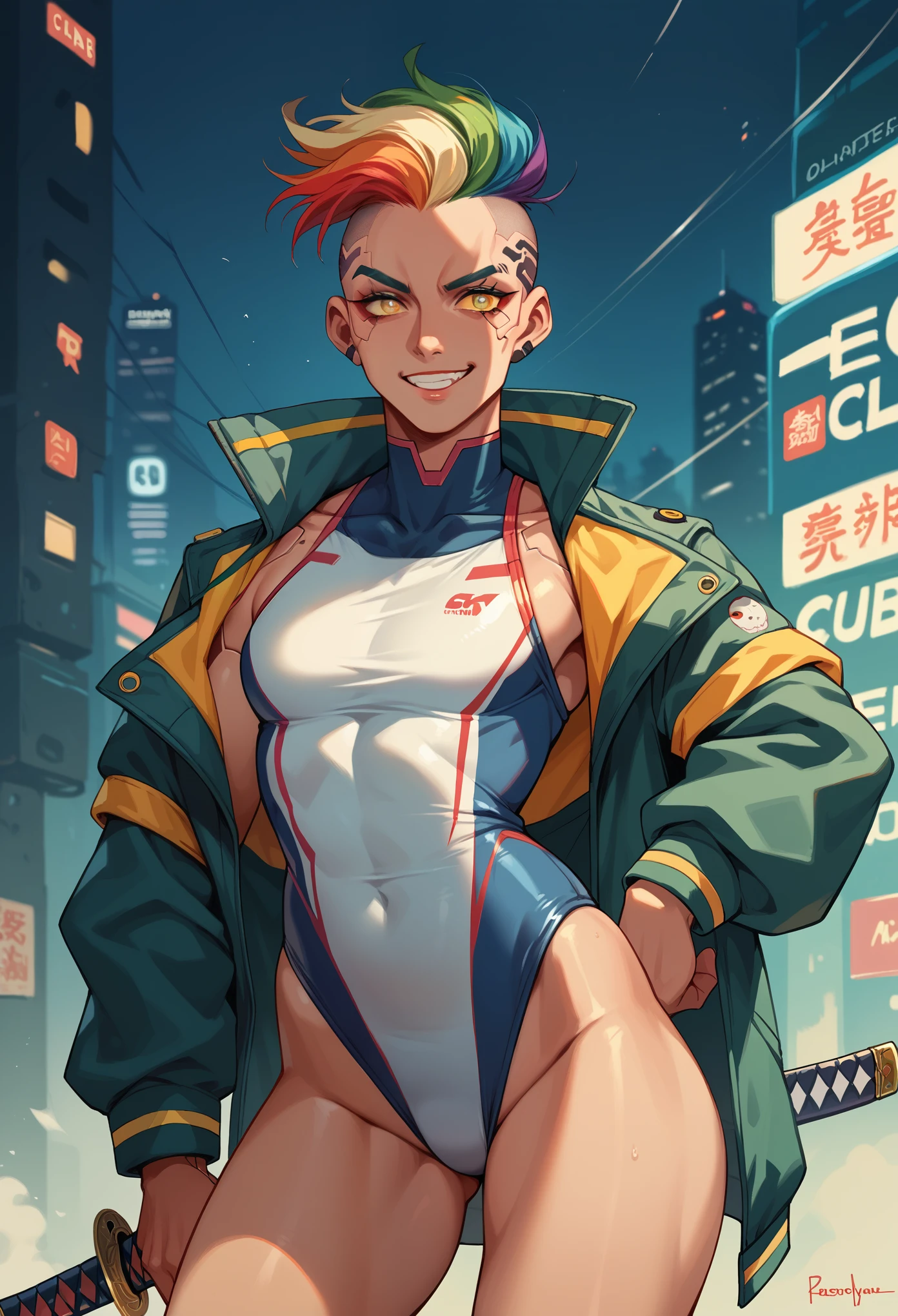 1, in the club, Cyberpunk style, rainbow hair, evil smile, Holding a Katana, High cut swimsuit, yellow pupils,, cybernetic skin, samurai jacket