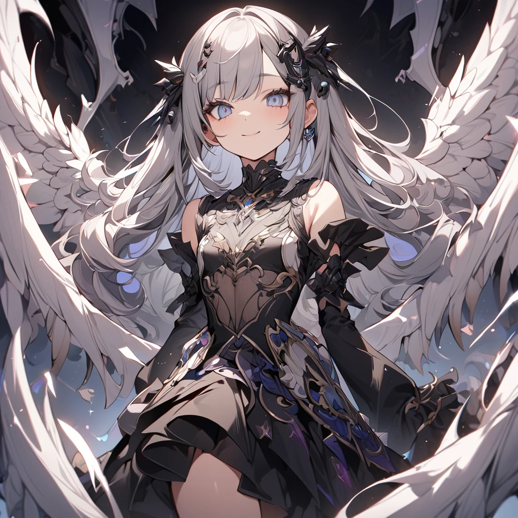 Absurd,anime,Detailed and beautiful eyes,(art),(artistic clothing:1.5),angel,gray hair,smile,(a girl:1.5),from the waist up,(small breasts:1.2),(small chest:1.2),mysterious,fallen Angel,Hello,(Large detailed hair ornament:1.2),(look away:1.5),detailed clothes,Flashy Moves,Mechanical,masterpiece, moe kawaii,abyss,luster,lame,(ultra detailed:1.2), ((highest quality)) ,Extremely Delicately Beautiful ,64k