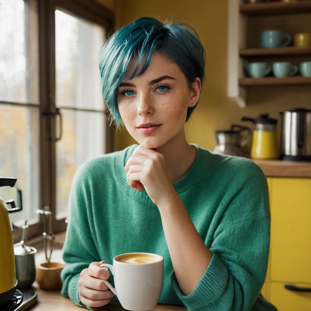 (((Woman, 20 Years Old, Nordic Ethnicity, short blue hair, perfect face, light freckles, Blue-Green Eyes, slight smile))), wearing a cozy oversized (((mustard yellow))), She is focused on making a pour-over coffee in a cozy kitchen. Warm morning light filtering through the window, with coffee accessories spread out. A steaming cup of coffee in the foreground. (((Color palette - turquoise, neon green, yellow shades))), (best quality, 8k, masterpiece, ultra-detailed, photorealistic, soft lighting)