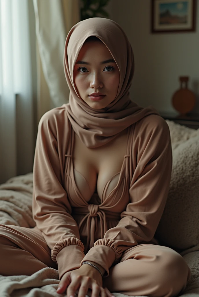 girl Indonesia wear hijab seat on sofa wear g string