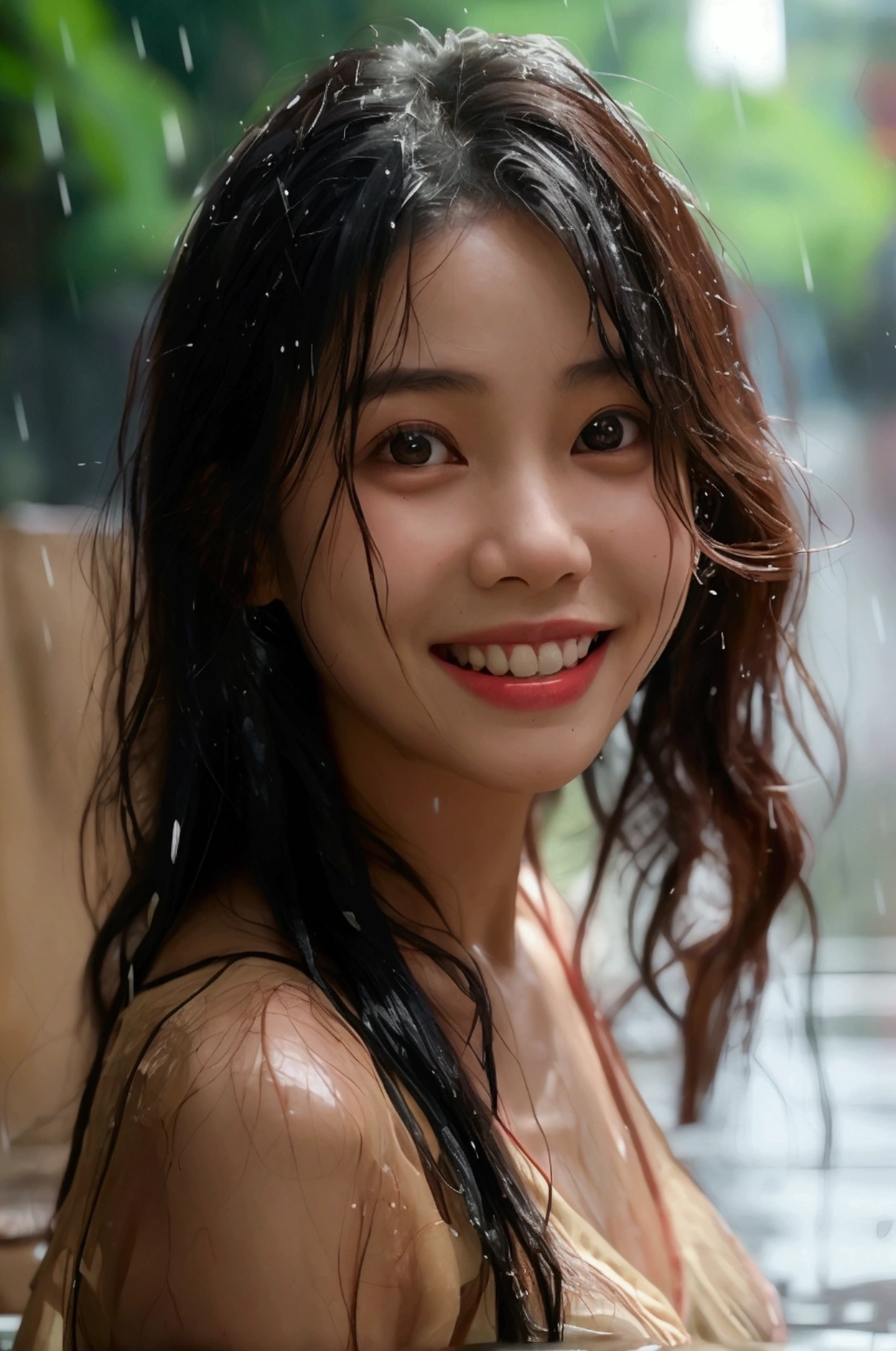 Thai girl+Stand in the rain+looking at the audience, Natural wavy hair, smile showing teeth, bright eyes, seductive smile, not wearing underwear,Soaked all over,Soaking wet,High-resolution remote photography, Anatomically correct, Masterpiece, best quality, realistic textures, 