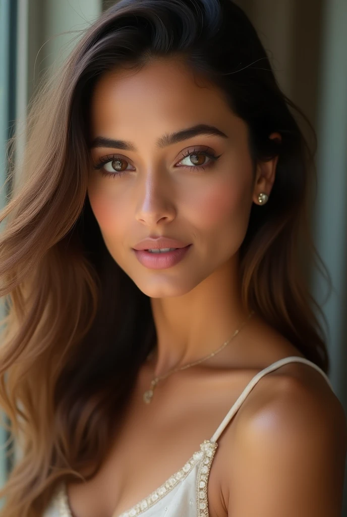 A good looking girl in indian white tone another face with good looking. Try another face like katrina kaif. Healthy with another face realistic look with Indian girl 
