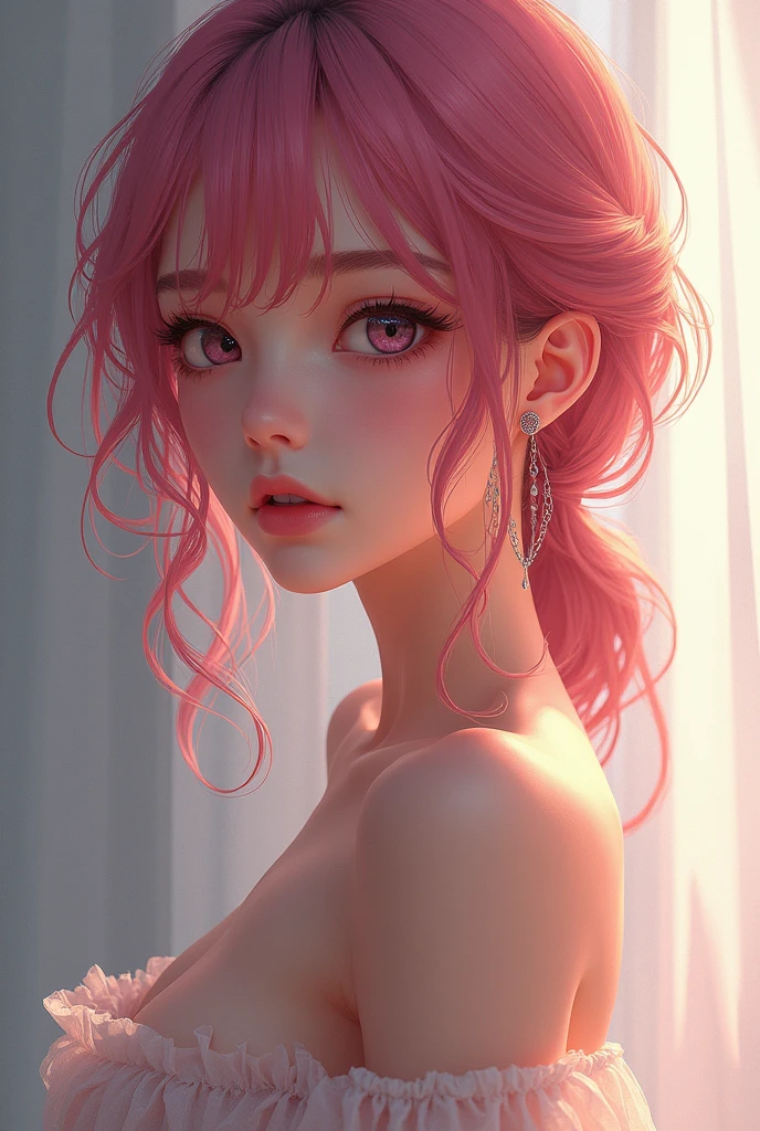 Best Quality, Masterpiece, Ultra High Resolution, (Realisticity: 1.4), Original Photo, 1girl, Bare Shoulder, Cinematic Lighting, Cherry Blossom Pink, , Gaunt, 8K, Sweet