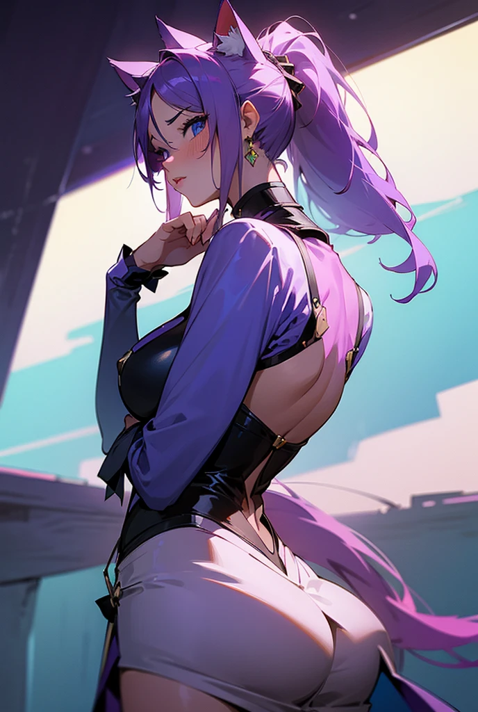 Young girl, Long curly purple hair, low ponytail, bun, yellow eyes, open purple drees, open shoulders, open back, standing back, look around, Masterpiece, high quality