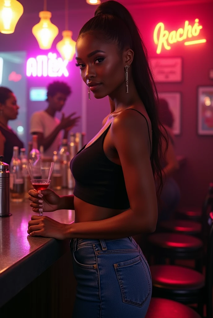 (Photorealism:1.2),Create image,black female,Hazel green eye,Prominent nose,long white straight hair with waves, similar to shanina shaik, fantasia x Men,Black strapless bodysuit with gold details,red belt with the letter X buckle,Scenario,fantasy party,indoor space with a vibrant and colorful dance floor, composed of illuminated tiles in various colors. Above the track, there is a chandelier with colorful cloths, including spotlights in shades of purple, blue and pink. The walls are decorated with bright colored ribbons , featuring a variety of white scribbles and lines on a dark background,dj, the woman is drinking,lora