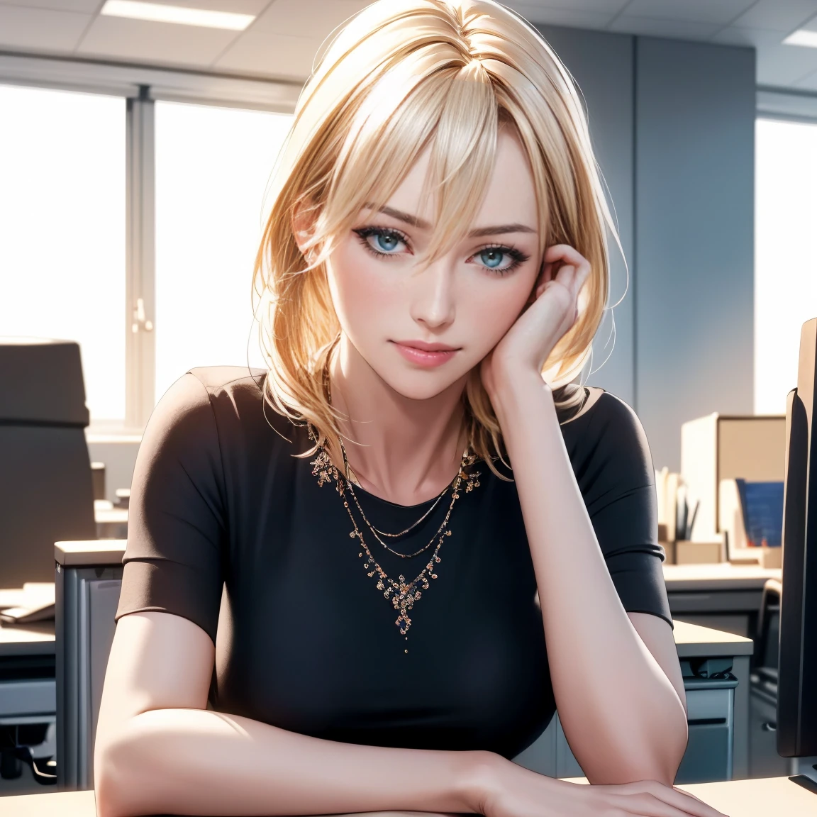 a beautiful woman, detailed face resembling naomi watts, joyful and confident expression, wearing casual clothes, sitting in an office environment, working, masterpiece, detailed office setting, hyper realistic, photorealistic, intricate details, soft lighting, warm color tones,  (-bad hands -unnatural hands -disfigured hands) 