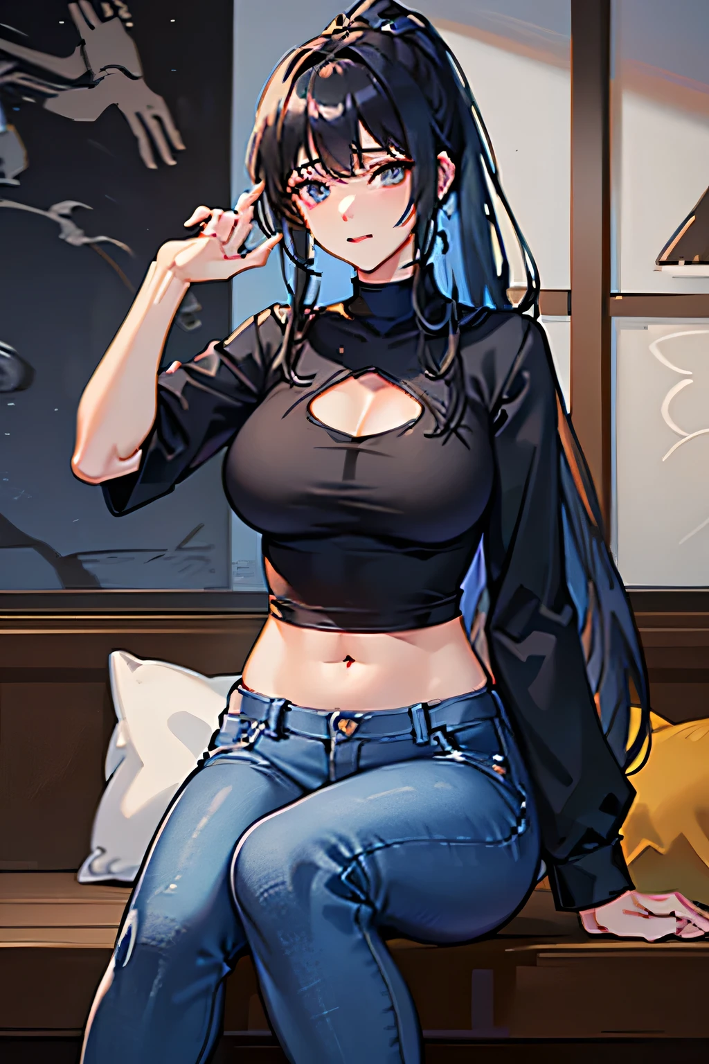 セルシェードAnime Style,tobacco,topless,woman,25 Talents,Long Hair,nice,Anime Style,smoking,window,indirect lighting,Pale Light,Big Breasts,Denim pants