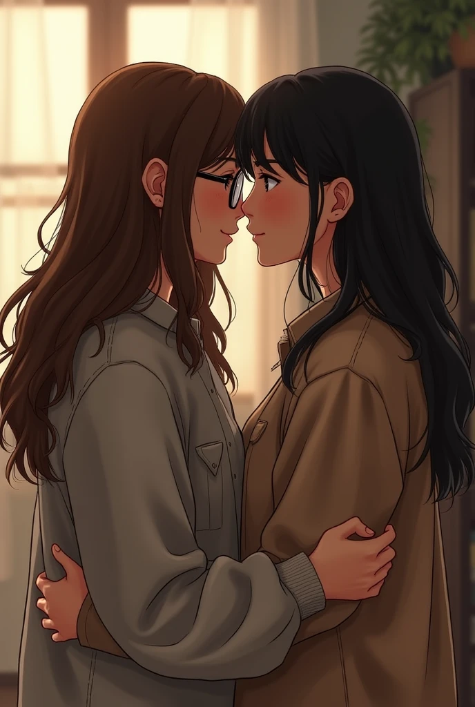 Two women are kissing each other in a room with a book shelf, hot, kissing together cutely, amazing, intense smoldering, wonderful scene, kissing together, the most beautiful scene, kissing, lovely kiss, smoldering, fan art, most memorable scene, full scene shot, perfect scene, kiss