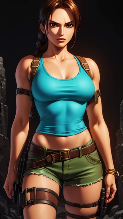 (Lara Croft, single braid, brown eyes), (extremely detailed CG unit 8k wallpaper),(master part), (best quality), (ultra detail), (best illustration),(one piece style), cowboy shot,(Sharp eyeliner, ombre, detailed eyes:1),Dark catacomb interiors background,break,upper body,teal tanktop, straps, brown shorts, thigh holster