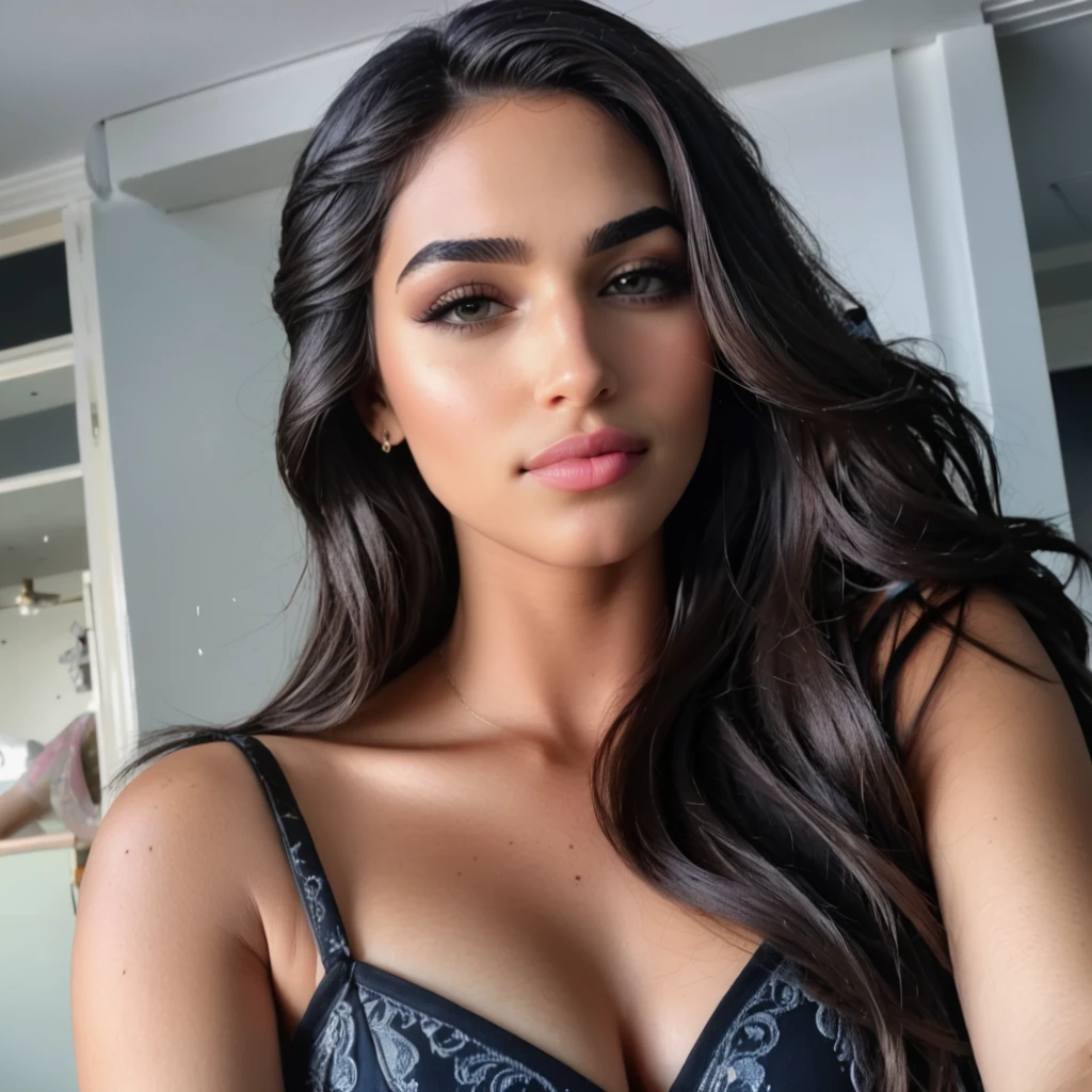 dark night, selfie style,extreme close up photo of m3hr33n, hourglass figure, swooping medium breasts, cleavage, curvy, sexy armpits, seductive eyes, sexy thighs,(slim),look at viewer and subtle smile, bedroom, black lingerie, red lips, sultry, ponytail, (cinematic:1.3), intricate details, (ArtStation:1.2),free shaggy hair