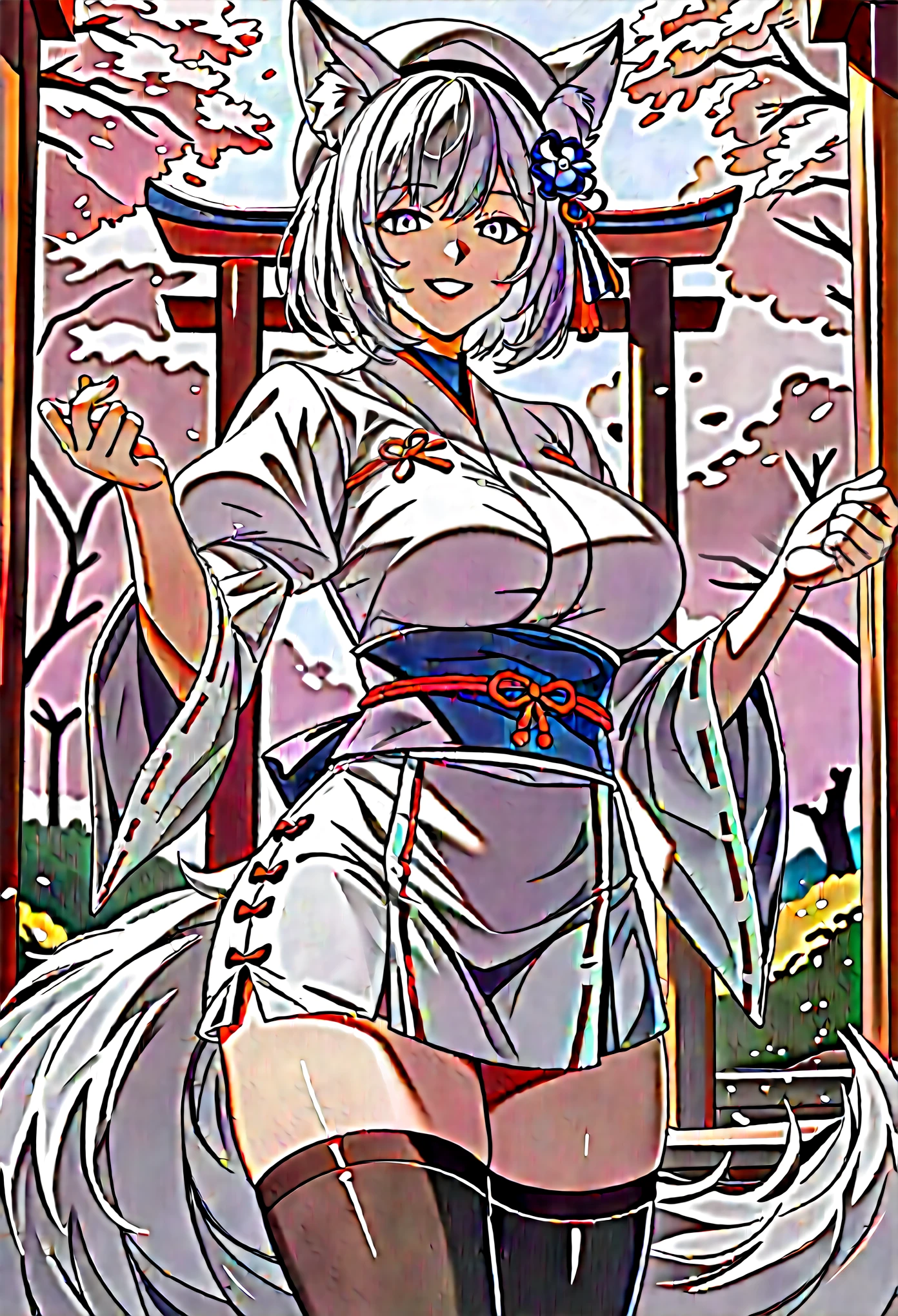 extremely detailed CG unity 8k wallpaper, masterpiece, best quality:1.2, highres, silver white hair, standing fox ears, fluffy fox tail, purple eyes, extreme detail,solo,1girl, slited eyes, horizontal eyes, medium breasts, bob hair, short hair, neutral pose, mature female, milf, black suspender skirt, white shirt, puffy sleeves, white beret,black thigh highs, happy face expression, close up photo, japanese shrine in the background.