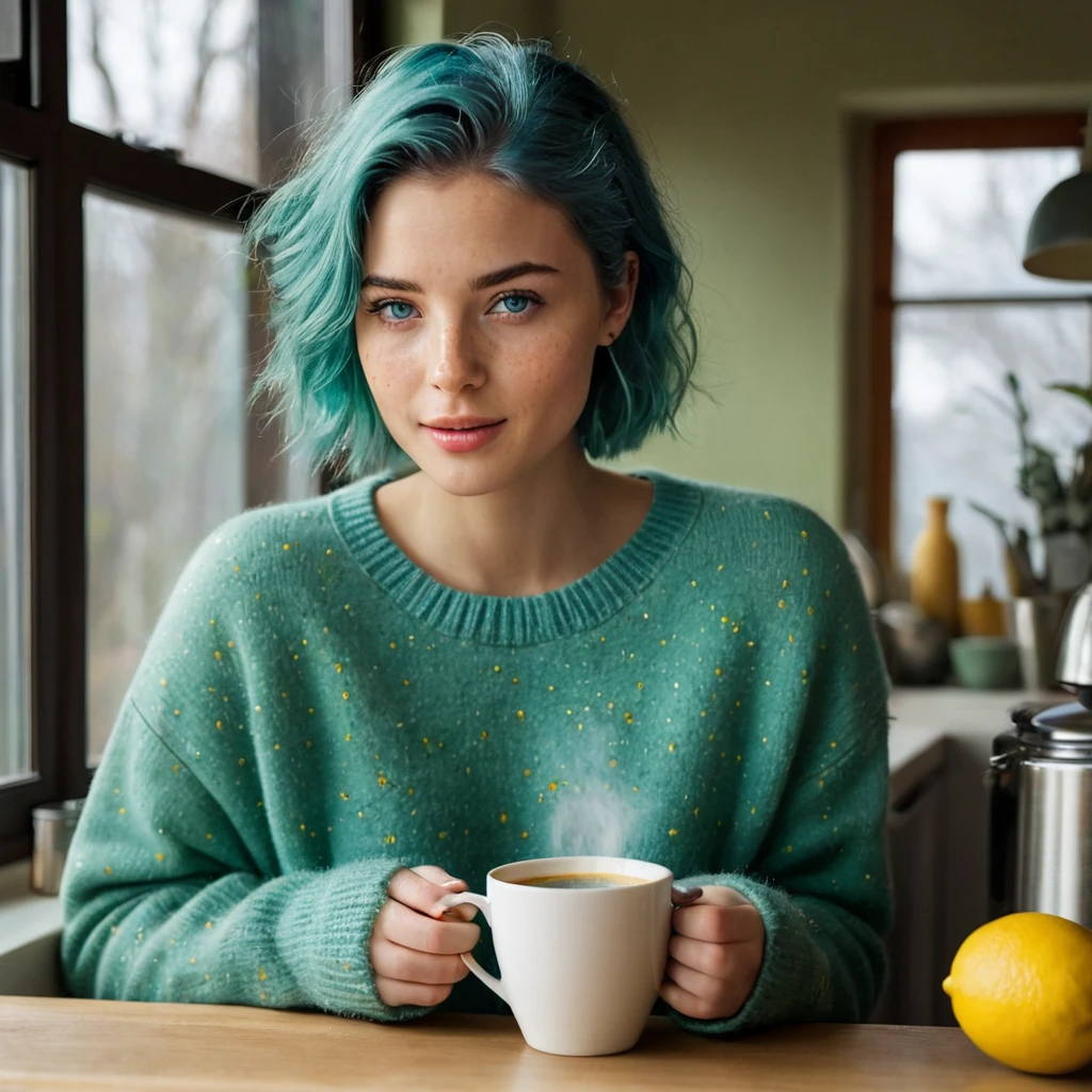 (((Woman, 20 Years Old, Nordic Ethnicity, short blue hair, perfect face, light freckles, Blue-Green Eyes, slight smile))), wearing a cozy (((mustard yellow))) oversized sweater, She is focused on making a pour-over coffee in a cozy kitchen. Warm morning light filtering through the window, with coffee accessories spread out. A steaming cup of coffee in the foreground. (((Color palette - turquoise, neon green, yellow shades))), (best quality, 8k, masterpiece, ultra-detailed, photorealistic, soft lighting)