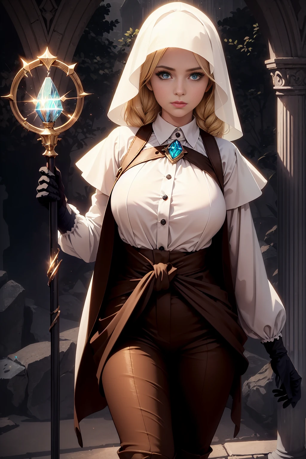 Blonde mage anime girl, with long hair and a braid on one side. She has blue eyes and is wearing a blue mage's arcane veil in the head. She is dressed in a long-sleeve white shirt, brown pants, and tall brown boots. She holds a mage's staff with a crystal at the tip, wears brown gloves, and has a crossbody bag slung across her chest at her waist. She has a serious expression. Ensure that the image is well-detailed with accurate proportions, clear facial features, and balanced body posture to avoid any deformities." 8k, high quality, full body, (ultra-realistic), {extremely detailed 8k CG unit wallpaper}, expansive landscape photograph, , (light: 2.0), (warm light source: 1.5), complex details,, (atmospheric lighting), surreal, impressive, fantasy, (Solo: 1.2)