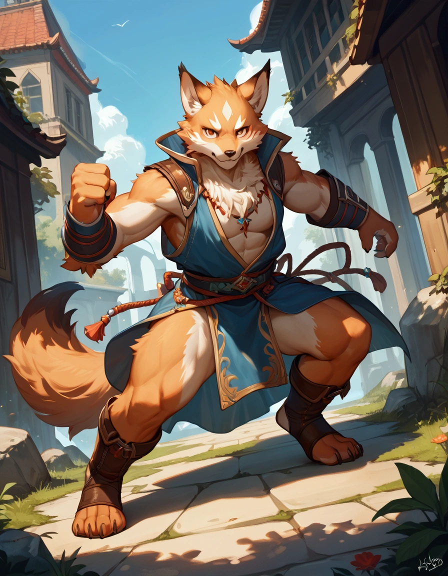 rating_safe, score_9, score_8_up, score_7_up, score_6_up, score_5_up, score_4_up, source_furry, highres, e621, cover page, social game, unit illustration, fighting pose, fantasy, 1boy, solo, furry, kemono, detailed body fur, full body,