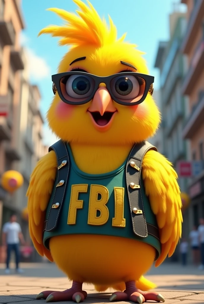 Animated female yellow parrot with sunglasses and fbi vest