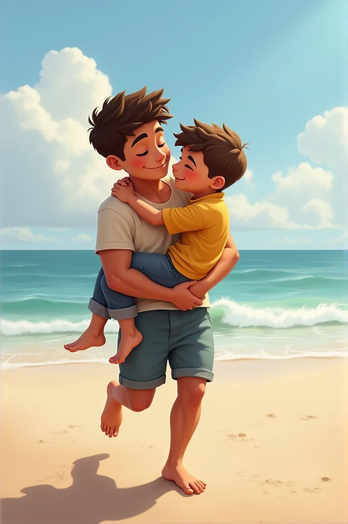 two boys hugging in the beach