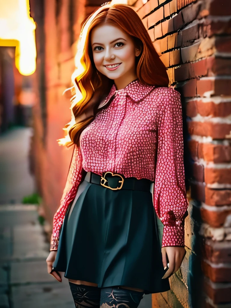 Beautiful redhair girl, wearing a beautiful skirt and a sexy shirt in the city 