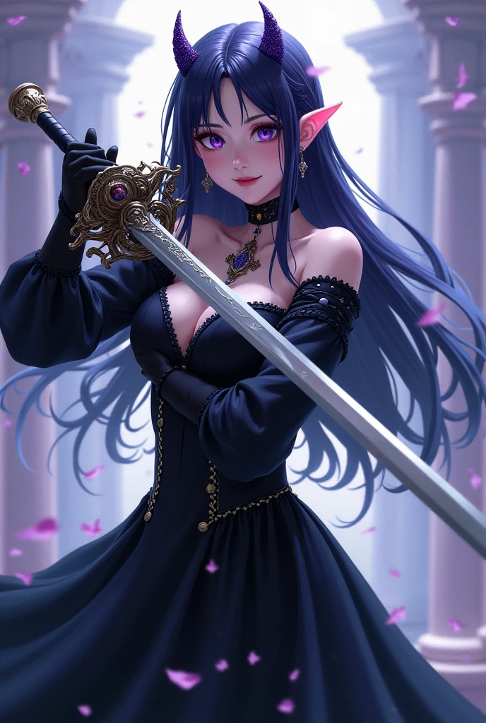 a beautiful woman, with Dark purple hair, pale, an eye with red color, and the other with the pink color, fangs, a blue dress from ancient times, with a sword in hand, アニメ