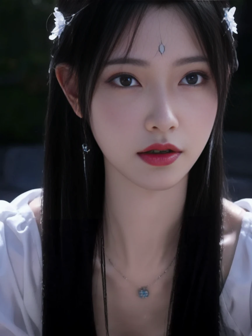 qingyi, jewelry, hair ornament, long black hair, necklace, facial mark, forehead mark, white dress, hair bun, hair flower, (best quality,4k,8k,highres,masterpiece:1.2),ultra-detailed,(realistic,photorealistic,photo-realistic:1.37),cinematic lighting,intricate details,elegant,beautiful,detailed,hyper realistic,vibrant colors,chiaroscuro,dynamic composition