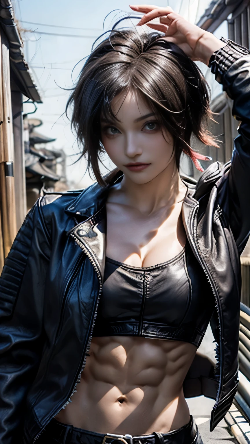 (masterpiece, Highest quality,raw photo,higher, beautifully,8k,beautiful:1.2),super realistic:1.5,((Emphasize the cleavage,medium chest)),((wealing Leather jacket over brallet :1.6)),put on leather long pants,((Well defined abdominal muscles))!!, BREAK (Athletic Build:1.6),Attractive body, ((Perfect body: 1.6)), A seductive body with a sexy belly, Sexy Body, (With abs:1.5), Attractive face and body, Sexy Body and face, sexy hot body, Perfect body and face, beautiful body and face, Great body, (Fitness Model:1.4),BREAK ((lime green short hair)),Right hand behind the head,((Kyoto:1.6)),