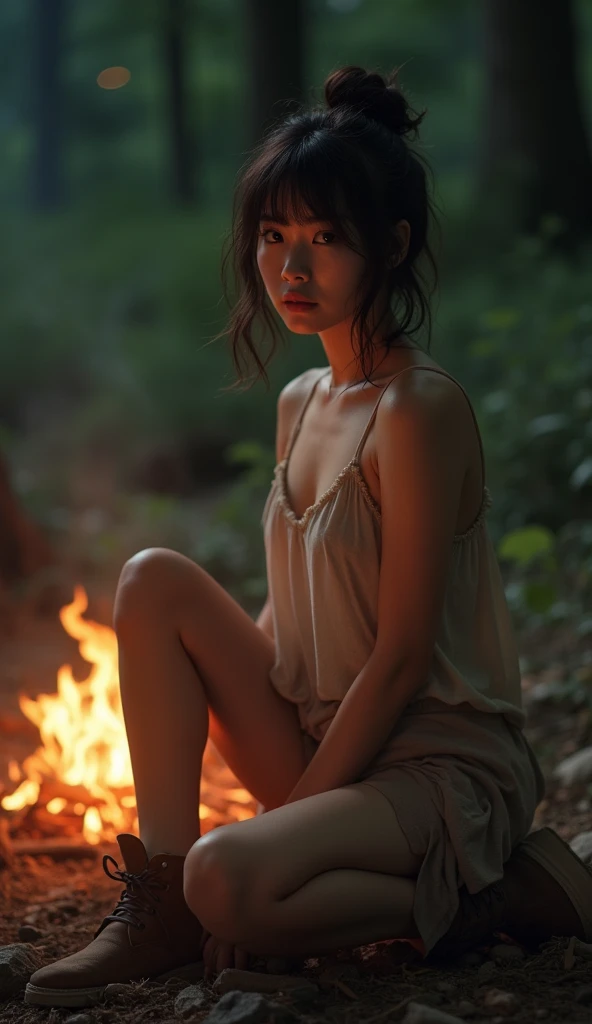 A vividly photo-realistic depiction of a secluded and primitive Korean female cannibal tribe, nestled deep within an untouched jungle. The scene is illuminated by the flickering firelight, casting stark shadows across the taut, muscular forms of the nude females as they engage in a gruesome yet eerily organized ritual. At the center, a young, terrified captive is bound to a stake, her eyes wide with horror as the tribe's leader, a fierce, tattooed woman with long, black hair, raises a ceremonial knife adorned with bone and feathers. The other tribe members, their skin smeared with a mix of crimson blood and natural pigments, are arranged in a semi-circle around the captive, their expressions a blend of excitement and solemn reverence. The background is a tapestry of lush, tropical foliage, hinting at the unforgiving nature that has shaped their brutal customs. In the foreground, the meticulously rendered details of half-eaten carcasses and bone-littered cooking pits serve as a grim testament to their way of life. Each woman's body bears the marks of countless battles and hunts, their beauty undiminished by the scars and imperfections that tell tales of survival. The light reflects off their oiled skin, which glistens with a sheen of sweat and primitive perfume made from crushed berries and leaves. The scene is suffused with a sense of impending doom and raw, primal power, as the tension builds towards the inevitable moment of sacrifice and consumption, the ultimate act of dominance and communion with the spirits they believe reside within their prey.