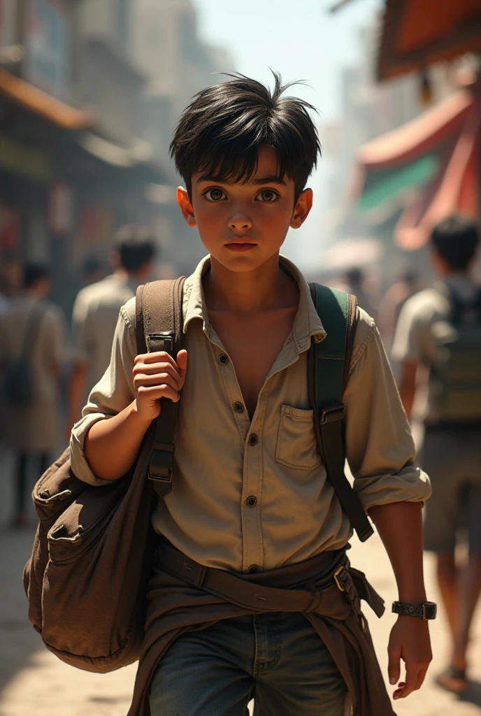A boy who is carring a bag , going from shop to shop, asking for a job, looking tired but determined.