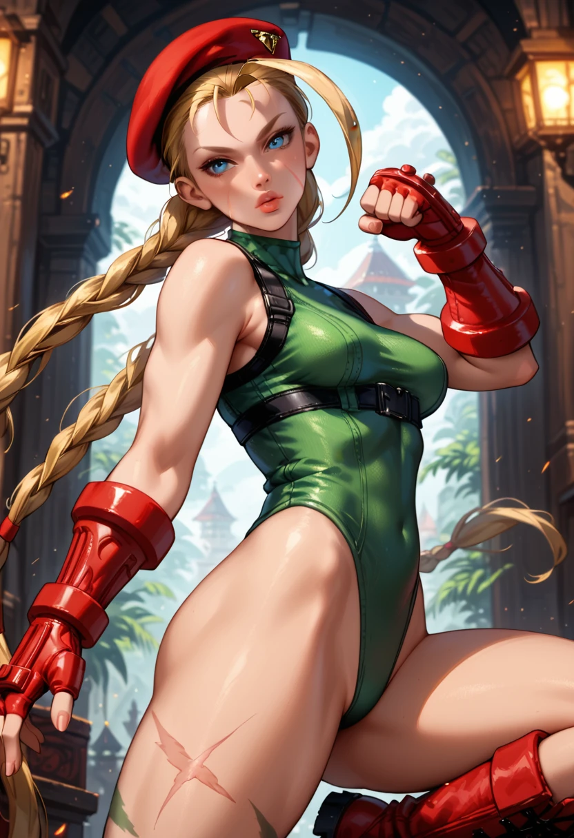 Dark Fantasy Art of score_9, score_8_up, score_7_up, rating_questionable, fantasy, lighting, epiCPhoto 1girl, very sexy (cammySDXL, blue eyes, blonde hair, long hair, twin braids, antenna hair, medium breasts, bare shoulders, red gloves, fingerless gloves, green leotard, high leg leotard, red beret, scar on face, green combat boots:1.2), solo, cute, flirt, gaze, sexy look, half-closed eyes, head tilt, filled lips, thick lips, makeup, modelling shoot, sexy pose, fantasy palace setting, dark, moody, dark fantasy style, dimly lit, (street fighter fighting stance, ready to fight:1.3), side view, low angle.