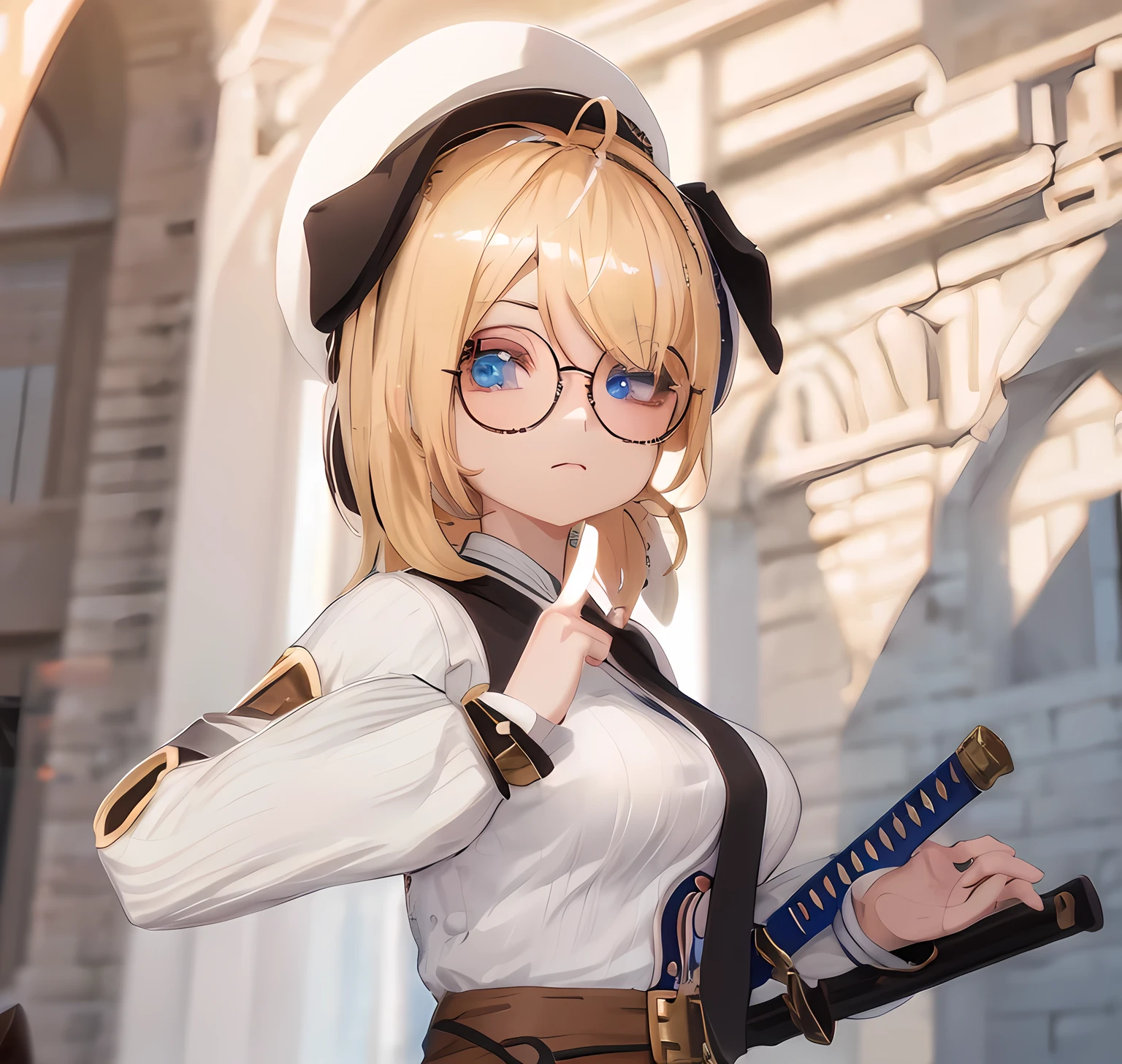 blonde anime girl with round glasses and a hat holding a swords, blue eyes, have a cute brown dog ears, inumimi, white and black theme outfit, doing gojo hand pose, hand grabs one of the swords, anime style. 8k, anime styled 3d, stylized anime, render of a cute 3d anime girl, artwork in the style of guweiz, anime stylized, female protagonist 👀 :8, anime vibes, render of april, anime style 4 k, ( ( 3 d render ) )