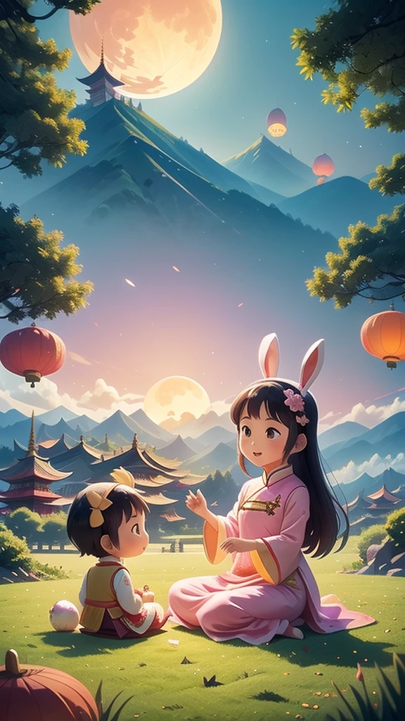 This picture shows a cute cartoon scene., colorful. There are two main characters: a girl and a boy in traditional Chinese costumes. Girl in pink dress with bunny ears on her head, The boy wore a white ao dai and a traditional hat..

Two characters sitting on a giant moon cake. Around them were little purple creatures playing musical instruments and having fun.. Behind is a large bright full moon image., symbol of Mid-Autumn Festival. Besides, There are also flying lanterns and stylized landscape details such as pagodas and mountains..

The scenery creates a warm feeling, cheerful, reminiscent of the traditional Mid-Autumn Festival atmosphere.