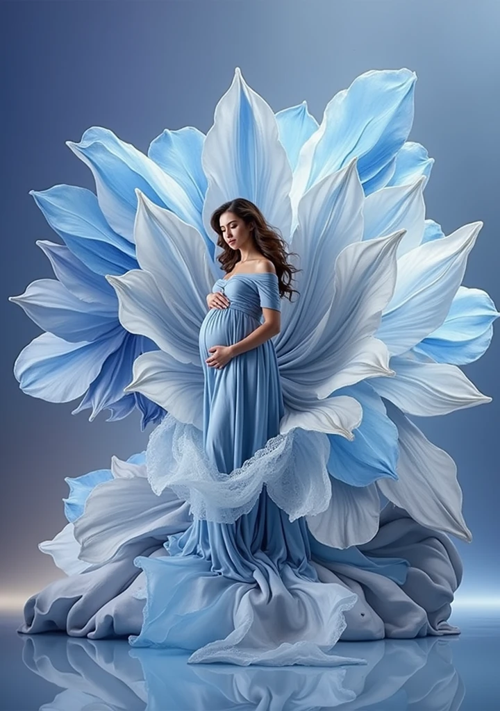 pregnant woman in blue dress with butterflies flying around her, digital art inspired by Cynthia Sheppard, trending on cg society, digital art, maternal photography 4 k, blue swirling dress, belly free teal dress, pregnant belly, modeling photography, dressed in blue, gorgeous and beautiful, rich blue colors, beautiful gown, profile pic, captivating and enticing, fine art fashion photography