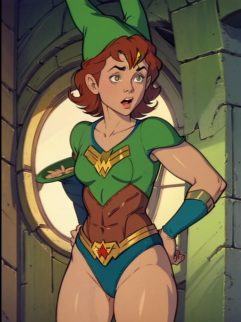 Presto, Dungeons & Dragons 1983 Animated, Wonder Woman Outfit, Green Leotard, Red Hair, Wears A Wizard Hat, Detailed Expressions, Animated Episode Still, 8k, UHD