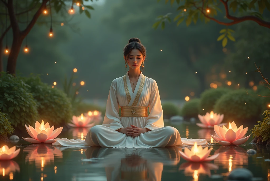 (RAW shooting, 32k:1.5, highest quality, masterpiece, Ultra-high resolution), (Night outdoors, Dramatic moonlight:0.9, Mysterious World:1.2, Expressions of sadness:1.0), Side Shot, Fractal Art:1.3, Perfect dynamic composition:1.3, Very detailedな肌と顔の質感:1.3, Dynamic flow of water waves:1.3, Dynamic air flow:1.3, The subject is observed from a distance, elegant and sophisticated:0.5, Fair skin, Incredibly slim body:0.9, Very beautiful face, Water droplets on the skin, (Yoga Wear:1.3, Zazen pose 1.3, Meditation pose:1.3), Very accurate, Very detailed, Big eyes that exude beauty, Beautiful lips, Unreal atmosphere, Earrings, bracelet